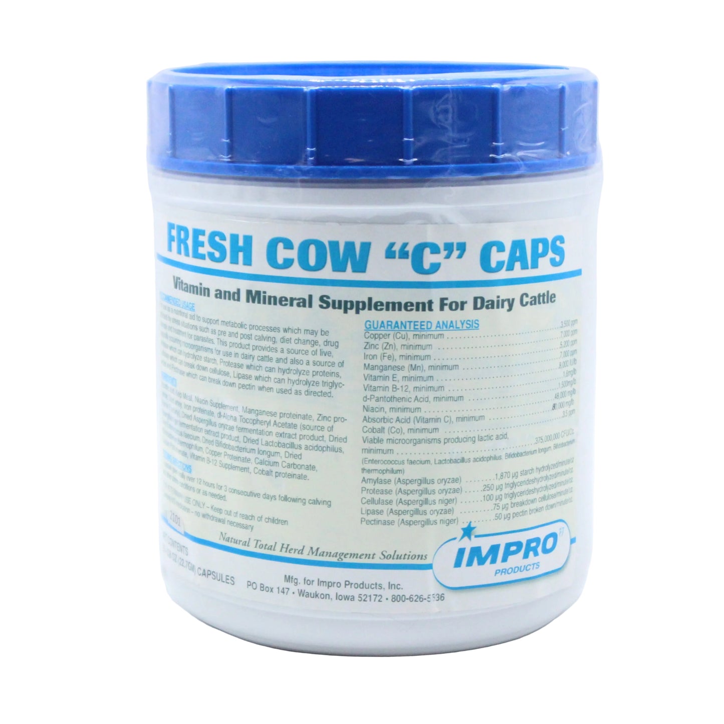 A container of 'Fresh Cow C Caps' which is a vitamin and mineral supplement for dairy cattle.